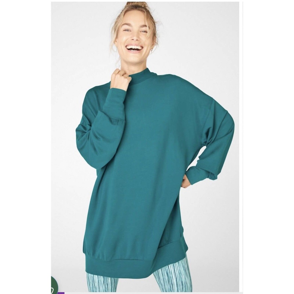 Fabletics Jody Mock‎ Neck Pullover Sweatshirt Sz XXS Shallow Teal Oversized